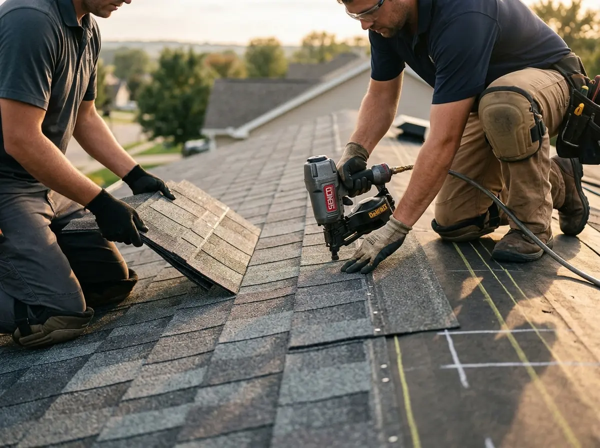 Professional roofer working on a residential roof in Yosemite Lakes